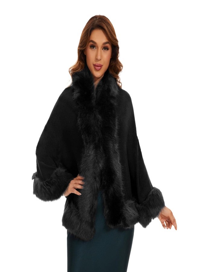 FlyGulls Women's Black Faux Fur Shawl Bridal Wrap for Evening and Wedding Dresses - Luxury Cape for Winter Parties (Black) - Image 1